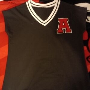 Black V-Neck Top with Red 'A' Patch